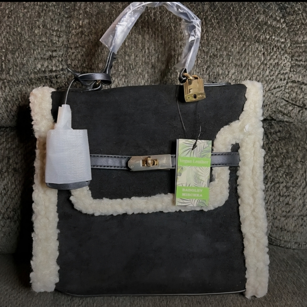 Badgley Mischka Black Fur Border Satchel